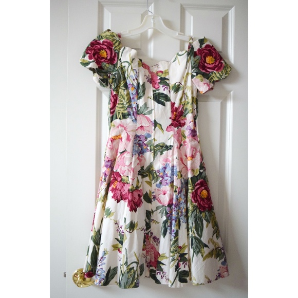 Vintage Jacquard Floral Off Shoulder Garden Party Midi Tea Length Dress | Size S - Picture 2 of 4
